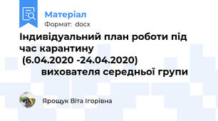 Індивідуальний план роботи під час карантину                                           (6.04.2020 -24.04.2020)                                  вихователя середньої групи