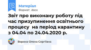 Звіт про виконану роботу під час призупинення освітнього процесу  на період карантину з 04.04 по 24.04.2020 р.