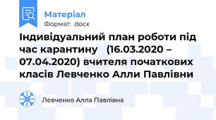Індивідуальний план роботи під час карантину   (16.03.2020 – 07.04.2020) вчителя початкових класів Левченко Алли Павлівни