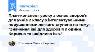 План-конспект уроку з основ здоров'я для учнів 2 класу з інтелектуальними порушеннями легкого ступеня на тему: "Значення їжі для здоров'я людини. Корисна та шкідлива їжа."