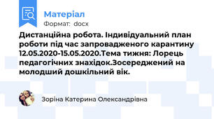 Дистанційна робота. Індивідуальний план роботи під час запровадженого карантину 12.05.2020-15.05.2020.Тема тижня: Лорець педагогічних знахідок.Зосереджений на молодший дошкільний вік.