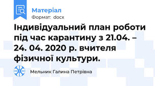 Індивідуальний план роботи під час карантину з 21.04. – 24. 04. 2020 р. вчителя фізичної культури.