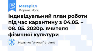 Індивідуальний план роботи під час карантину з 04.05. – 08. 05. 2020р. вчителя фізичної культури