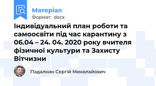 Індивідуальний план роботи та самоосвіти під час карантину з 06.04 – 24. 04. 2020 року вчителя фізичної культури та Захисту Вітчизни