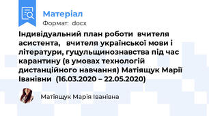 Індивідуальний план роботи  вчителя асистента,   вчителя української мови і літератури, гуцульщинознавства під час карантину (в умовах технологій дистанційного навчання) Матіящук Марії Іванівни  (16.03.2020 – 22.05.2020)