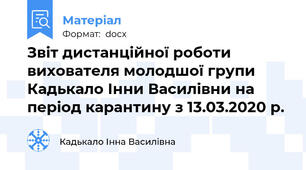 Звіт дистанційної роботи вихователя молодшої групи  Кадькало Інни Василівни на період карантину з 13.03.2020 р.