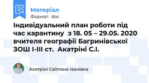 Індивідуальний план роботи під час карантину  з 18. 05 – 29.05. 2020 вчителя географії Багринівської ЗОШ І-ІІІ ст.  Акатріні С.І.
