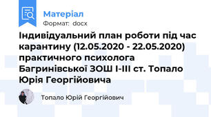 Індивідуальний план роботи під час карантину (12.05.2020 - 22.05.2020) практичного психолога Багринівської ЗОШ І-ІІІ ст. Топало Юрія Георгійовича