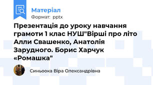 Презентація до уроку навчання грамоти 1 клас НУШ"Вірші про літо Алли Свашенко, Анатолія Зарудного. Борис Харчук «Ромашка"