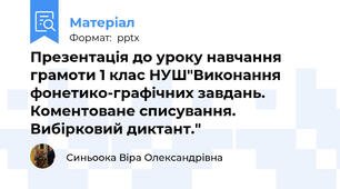 Презентація до уроку навчання грамоти 1 клас НУШ"Виконання фонетико-графічних завдань. Коментоване списування. Вибірковий диктант."
