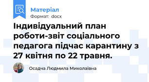 Індивідуальний план роботи-звіт соціального педагога підчас карантину з 27 квітня по 22 травня.