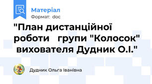 "План дистанційної роботи   групи "Колосок"   вихователя Дудник О.І."