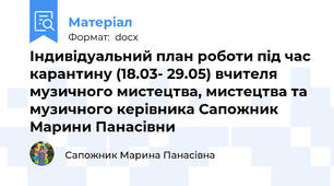 Індивідуальний план роботи під час карантину (18.03- 29.05) вчителя музичного мистецтва, мистецтва та музичного керівника Сапожник Марини Панасівни