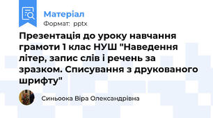 Презентація до уроку навчання грамоти 1 клас НУШ "Наведення літер, запис слів і речень за зразком. Списування з друкованого шрифту"