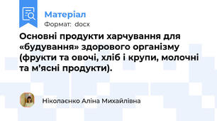 Основні продукти харчування для «будування» здорового організму (фрукти та овочі, хліб і крупи, молочні та м’ясні продукти).