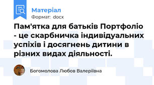 Пам'ятка для батьків Портфоліо  - це скарбничка індивідуальних успіхів і досягнень дитини в різних видах діяльності.