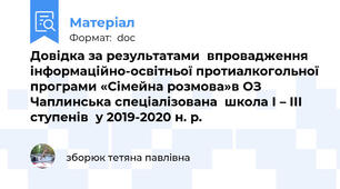 Довідка за результатами  впровадження інформаційно-освітньої протиалкогольної програми «Сімейна розмова»в ОЗ Чаплинська спеціалізована  школа І – ІІІ ступенів  у 2019-2020 н. р.