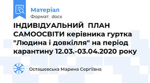 ІНДИВІДУАЛЬНИЙ  ПЛАН САМООСВІТИ керівника гуртка "Людина і довкілля" на період карантину 12.03.-03.04.2020 року