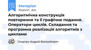 Алгоритмічна конструкція повторення та її графічне подання. Оператори циклів. Складання та програмна реалізація алгоритмів з циклами