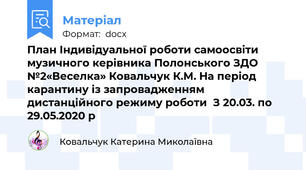 План Індивідуальної роботи самоосвіти музичного керівника Полонського ЗДО №2«Веселка» Ковальчук К.М. На період карантину із запровадженням дистанційного режиму роботи  З 20.03. по 29.05.2020 р