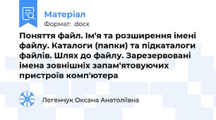 Поняття файл. Ім'я та розширення імені файлу. Каталоги (папки) та підкаталоги файлів. Шлях до файлу. Зарезервовані імена зовнішніх запам'ятовуючих пристроїв комп'ютера
