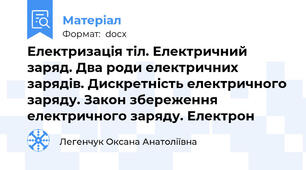 Електризація тіл. Електричний заряд. Два роди електричних зарядів. Дискретність електричного заряду. Закон збереження електричного заряду. Електрон