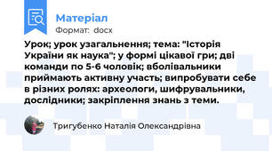 Урок; урок узагальнення; тема: "Історія України як наука"; у формі цікавої гри; дві команди по 5-6 чоловік; вболівальники приймають активну участь; випробувати себе в різних ролях: археологи, шифрувальники, дослідники; закріплення знань з теми.