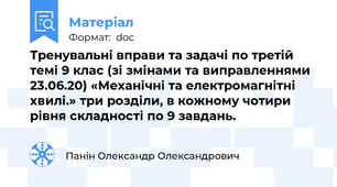 Тренувальні вправи та задачі по третій темі 9 клас (зі змінами та виправленнями 23.06.20) «Механічні та електромагнітні хвилі.» три розділи, в кожному чотири рівня складності по 9 завдань.