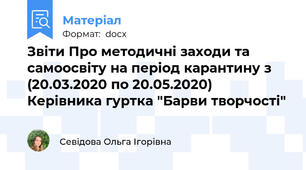 Звіти Про методичні заходи та самоосвіту на період карантину з (20.03.2020 по 20.05.2020) Керівника гуртка "Барви творчості"
