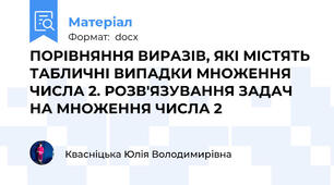 ПОРІВНЯННЯ ВИРАЗІВ, ЯКІ МІСТЯТЬ ТАБЛИЧНІ ВИПАДКИ МНОЖЕННЯ ЧИСЛА 2. РОЗВ'ЯЗУВАННЯ ЗАДАЧ НА МНОЖЕННЯ ЧИСЛА 2