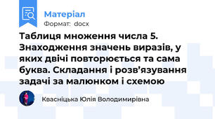 Таблиця множення числа 5. Знаходження значень виразів, у яких двічі повторюється та сама буква. Складання і розв’язування задачі за малюнком і схемою