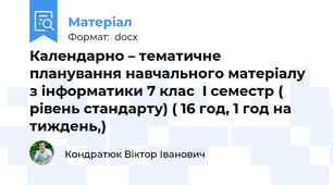 Календарно – тематичне планування навчального матеріалу з інформатики 7 клас  I семестр ( рівень стандарту) ( 16 год, 1 год на тиждень,)