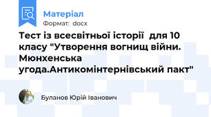 Тест із всесвітньої історії  для 10 класу "Утворення вогнищ війни. Мюнхенська угода.Антикомінтернівський пакт"