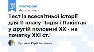 Тест із всесвітньої історії  для 11 класу "Індія і Пакістан у другій половині ХХ - на початку ХХІ ст."