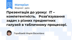 Презентація до уроку:  IT – компетентність.   Розв’язування задач з різних предметних галузей в табличному процесорі.