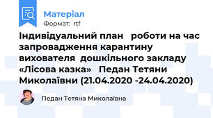 Індивідуальний план   роботи на час запровадження карантину  вихователя  дошкільного закладу  «Лісова казка»   Педан Тетяни Миколаївни (21.04.2020 -24.04.2020)