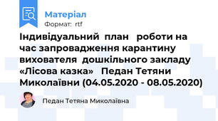 Індивідуальний  план   роботи на час запровадження карантину  вихователя  дошкільного закладу  «Лісова казка»   Педан Тетяни Миколаївни (04.05.2020 - 08.05.2020)