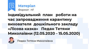 Індивідуальний  план   роботи на час запровадження карантину  вихователя  дошкільного закладу  «Лісова казка»   Педан Тетяни Миколаївни (12.05.2020 - 15.05.2020)