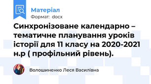 Синхронізоване календарно – тематичне планування уроків історії для 11 класу на 2020-2021 н.р ( профільний рівень).