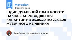 ІНДИВІДУАЛЬНИЙ ПЛАН РОБОТИ  НА ЧАС ЗАПРОВАДЖЕННЯ КАРАНТИНУ З 04.05.20 ПО 22.05.20 МУЗИЧНОГО КЕРІВНИКА