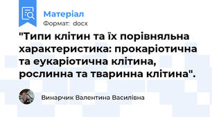 "Типи клітин та їх порівняльна характеристика: прокаріотична та еукаріотична клітина, рослинна та тваринна клітина".