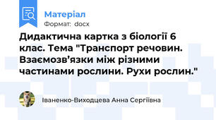 Дидактична картка з біології 6 клас. Тема "Транспорт речовин. Взаємозв’язки між різними частинами рослини. Рухи рослин."