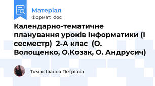 Календарно-тематичне планування уроків Інформатики (І сесместр)  2-А клас  (О. Волощенко, О.Козак, О. Андрусич)