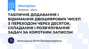 ТАБЛИЧНЕ ДОДАВАННЯ І ВІДНІМАННЯ ДВОЦИФРОВИХ ЧИСЕЛ З ПЕРЕХОДОМ ЧЕРЕЗ ДЕСЯТОК. СКЛАДАННЯ І РОЗВ'ЯЗУВАННЯ ЗАДАЧ ЗА КОРОТКИМ ЗАПИСОМ