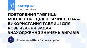 ПОВТОРЕННЯ ТАБЛИЦЬ МНОЖЕННЯ І ДІЛЕННЯ ЧИСЕЛ НА 4. ВИКОРИСТАННЯ ТАБЛИЦІ ДЛЯ РОЗВ'ЯЗАННЯ ЗАДАЧ І ЗНАХОДЖЕННЯ ЗНАЧЕНЬ ВИРАЗІВ