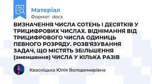 ВИЗНАЧЕННЯ ЧИСЛА СОТЕНЬ І ДЕСЯТКІВ У ТРИЦИФРОВИХ ЧИСЛАХ. ВІДНІМАННЯ ВІД ТРИЦИФРОВОГО ЧИСЛА ОДИНИЦЬ ПЕВНОГО РОЗРЯДУ. РОЗВ'ЯЗУВАННЯ ЗАДАЧ, ЩО МІСТЯТЬ ЗБІЛЬШЕННЯ (зменшення) ЧИСЛА У КІЛЬКА РАЗІВ