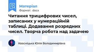 Читання трицифрових чисел, записаних у нумераційній таблиці. Додавання розрядних чисел. Творча робота над задачею