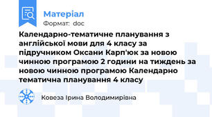 Календарно-тематичне планування з англійської мови для 4 класу за підручником Оксани Карп'юк за новою чинною програмою 2 години на тиждень за новою чинною програмою Календарно тематична планування 4 класу