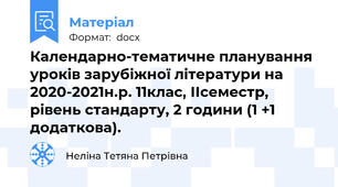Календарно-тематичне планування уроків зарубіжної літератури на 2020-2021н.р. 11клас, ІІсеместр, рівень стандарту, 2 години (1 +1 додаткова).