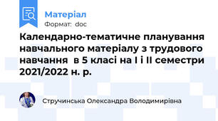 Календарно-тематичне планування навчального матеріалу з трудового навчання  в 5 класі на І і II семестри 2021/2022 н. р.